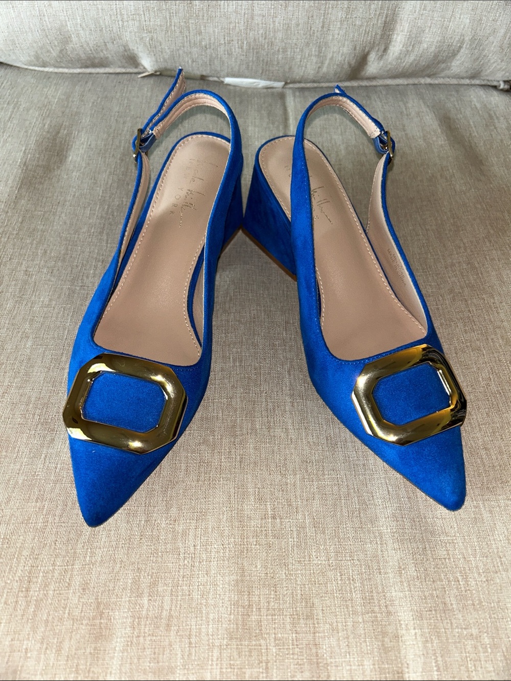 Nicole Miller Cobalt Blue Pointed Slingback Pumps with Gold Buckle